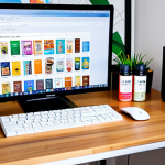 A vibrant, modern scene depicting an individual in a bright, inviting home office. The person, fully clothed in professional, modest attire, is focused on a laptop screen that displays various Korean e-commerce websites filled with diverse products: meticulously arranged skincare bottles, colorful K-Pop albums, and tempting snack packages. A cup of coffee and a subtle, blurred map of Brazil on the desk hint at the location. The atmosphere is one of anticipation and discovery. Professional photography, high resolution, soft studio lighting, sharp focus on products and screen details, perfect anatomy, correct proportions, natural pose, well-formed hands, proper finger count, natural body proportions, appropriate content, safe for work, family-friendly.