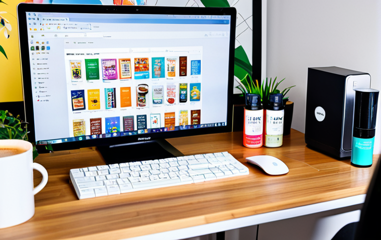 A vibrant, modern scene depicting an individual in a bright, inviting home office. The person, fully clothed in professional, modest attire, is focused on a laptop screen that displays various Korean e-commerce websites filled with diverse products: meticulously arranged skincare bottles, colorful K-Pop albums, and tempting snack packages. A cup of coffee and a subtle, blurred map of Brazil on the desk hint at the location. The atmosphere is one of anticipation and discovery. Professional photography, high resolution, soft studio lighting, sharp focus on products and screen details, perfect anatomy, correct proportions, natural pose, well-formed hands, proper finger count, natural body proportions, appropriate content, safe for work, family-friendly.