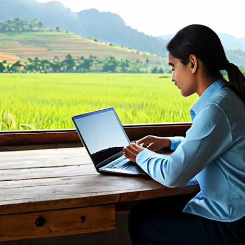 Home 14 A person, fully clothed in comfortable, modest professional attire, working diligently on a laptop at a rustic wooden desk. A large window behind them reveals a serene, lush Brazilian rural landscape bathed in soft morning light. The scene emphasizes peaceful productivity and a connection to nature. Perfect anatomy, correct proportions, and well-formed hands are visible. This image is safe for work, appropriate content, fully clothed, and professional, captured with natural body proportions in high-quality photography.