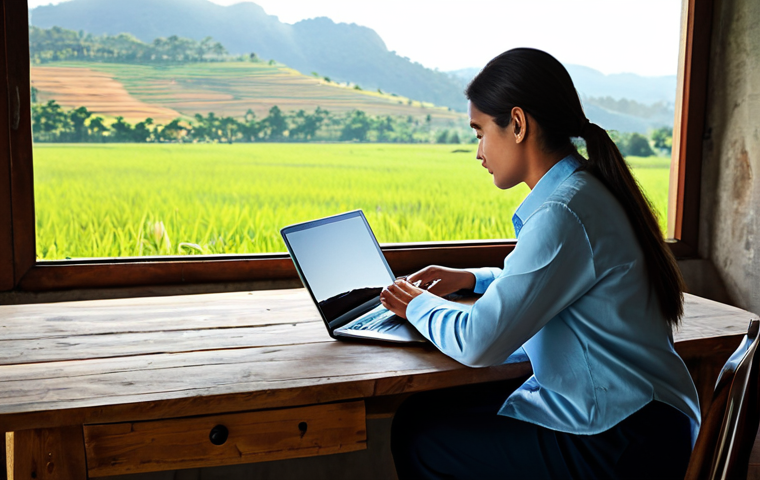 A person, fully clothed in comfortable, modest professional attire, working diligently on a laptop at a rustic wooden desk. A large window behind them reveals a serene, lush Brazilian rural landscape bathed in soft morning light. The scene emphasizes peaceful productivity and a connection to nature. Perfect anatomy, correct proportions, and well-formed hands are visible. This image is safe for work, appropriate content, fully clothed, and professional, captured with natural body proportions in high-quality photography.
