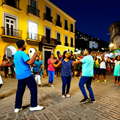 Home 7 A vibrant street scene in Rio de Janeiro's Lapa district at night, featuring a diverse group of people dancing samba in a large, joyful circle. Subjects are fully clothed in colorful, modest casual attire suitable for a street party. The background shows the historic Arcos da Lapa and traditional Brazilian architecture under warm streetlights, capturing the energetic and cultural atmosphere. Professional photography, high quality, perfect anatomy, correct proportions, natural pose, well-formed hands, proper finger count, natural body proportions, safe for work, appropriate content, fully clothed, family-friendly.